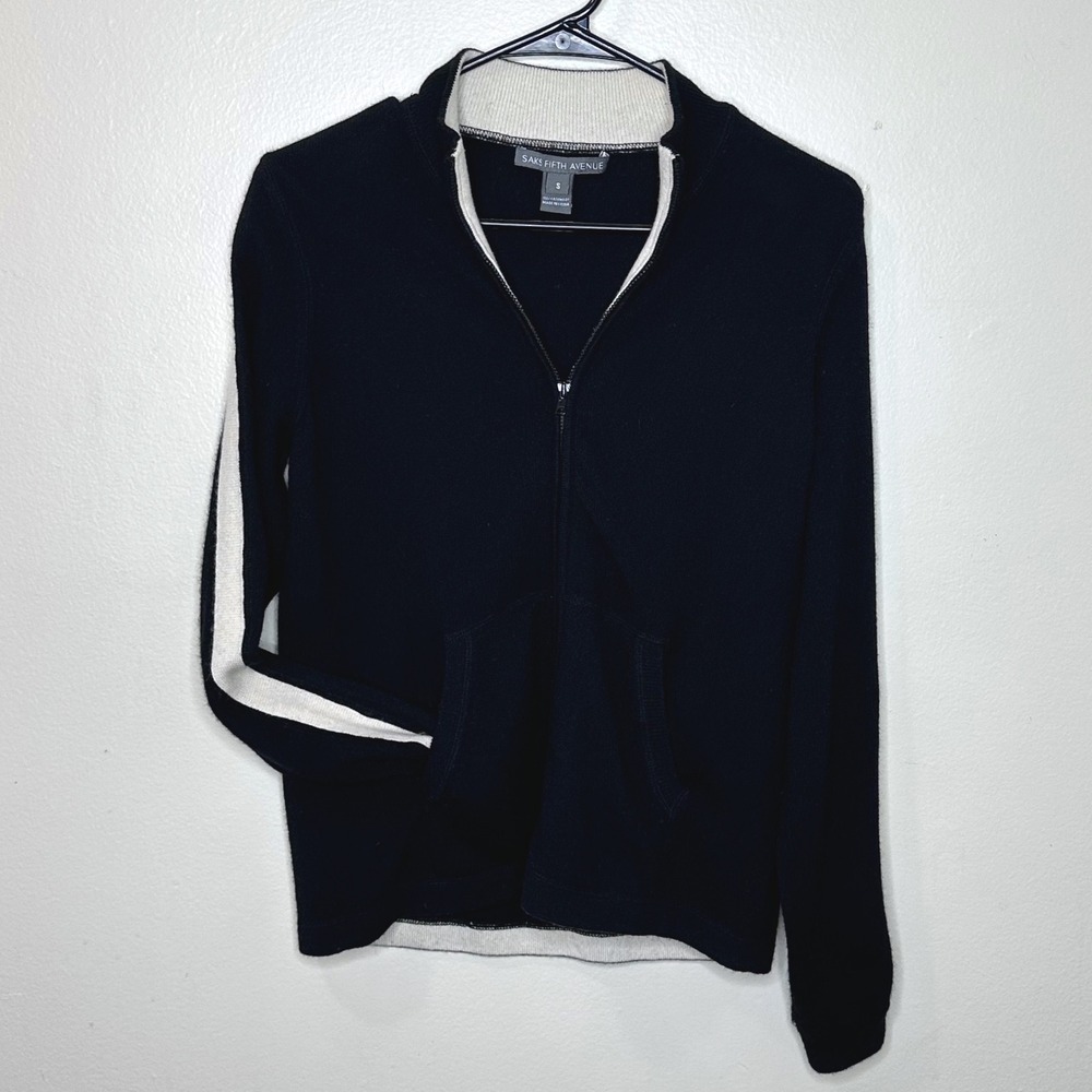Saks Fifth Avenue Full Zip Sweater Black Cashmere Side Stripe size Small